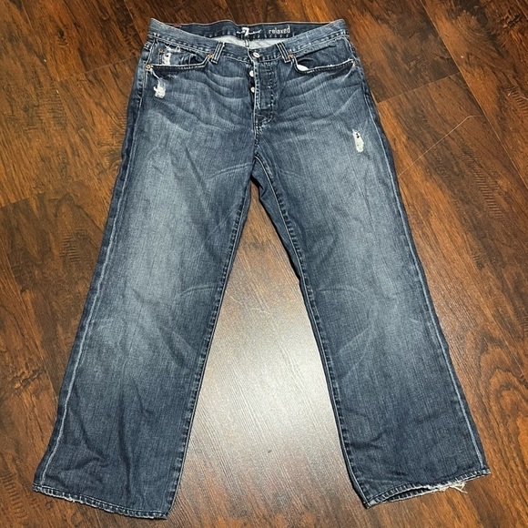 7 FOR ALL MANKIND “Relaxed” button fly distressed jeans size 34/29 *altered GUC - Picture 1 of 14